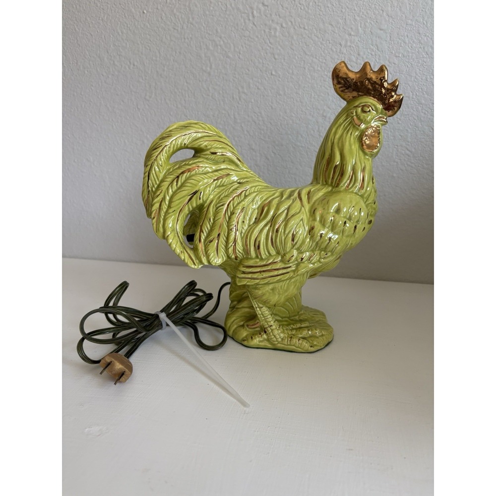 Decorative ceramic rooster accent lamp featuring a vibrant green glazed finish